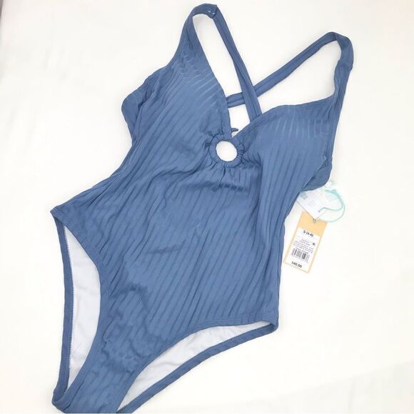 Kona Sol Blue Textured Stripe Ring Front Tie Back One Piece Bathing Suit - Picture 7 of 16